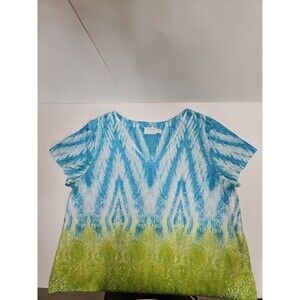 Time and Tru Top Women's XL  Blue Green Stretch Rhinestones Asymmetrical Hem